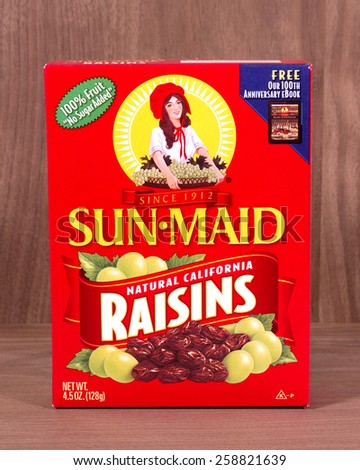 RIVER FALLS,WISCONSIN-MARCH 08,2015: A box of Sun-Maid California raisins. Sun-Maid Growers is headquartered in Kingsberg,California.