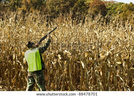 man with a safety vest hunting along the edge of a cornfield