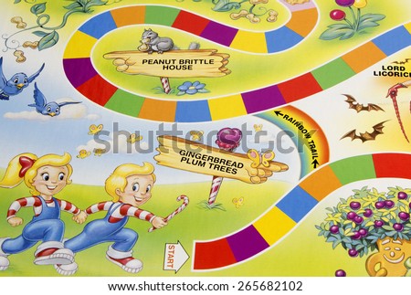 RIVER FALLS,WISCONSIN-APRIL 1,2015: A Candy Land game board showing the start position. Candy Land was first published in Nineteen Forty Nine by Milton Bradley.