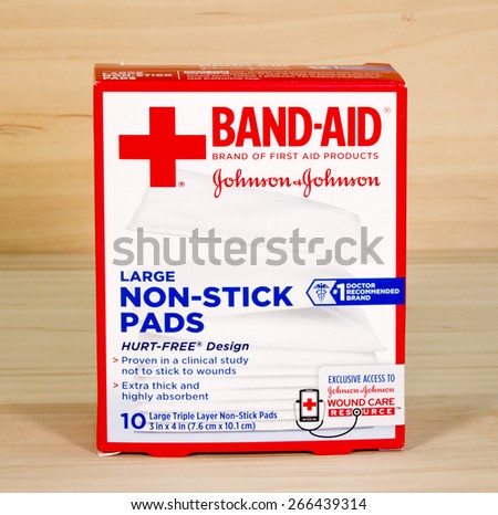 RIVER FALLS,WISCONSIN-APRIL3,2015: A box of Band-Aid brand large non-stick pads. This product is distributed by Johnson and Johnson of New Brunswick,New Jersey.