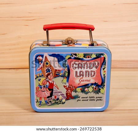 RIVER FALLS,WISCONSIN-APRIL 14,2015: A vintage metal Candy Land lunch box. Candy Land products have been produced since Nineteen Forty Nine.
