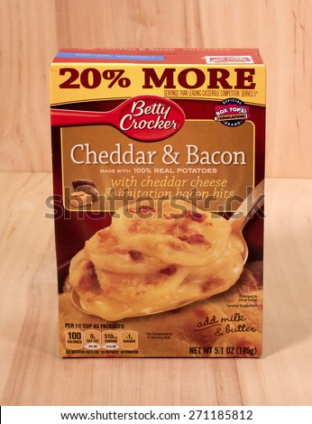 RIVER FALLS,WISCONSIN-APRIL 20,2015: A box of Betty Crocker Cheddar and Bacon potatoes. Betty Crocker products are distributed by General Mills of Golden Valley,Minnesota.