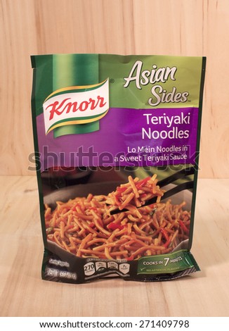 RIVER FALLS,WISCONSIN-APRIL 21,2015: A bag of Knorr brand Teriyaki Noodle mix. Knorr is a German brand headquartered in Heilbronn,Germany.