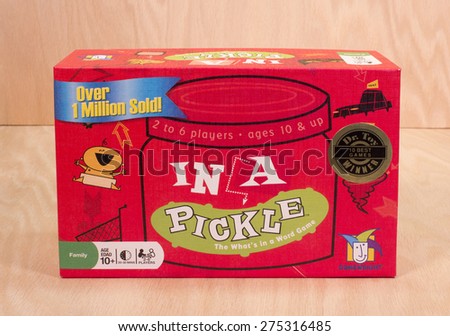 RIVER FALLS,WISCONSIN-MAY 05,2015: An In A Pickle game box by Gamewright. Gamewright was founded in Nineteen Ninety Four by four parents whose kids wanted great games.