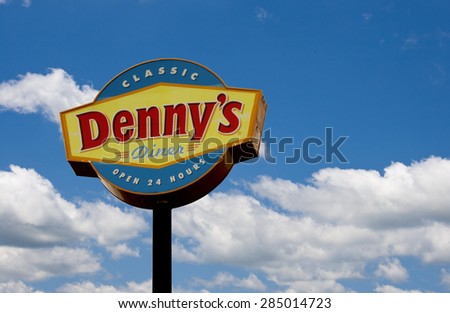 RIVER FALLS,WISCONSIN-JUNE 07,2015: A commercial sign for Denny\'s Diner. Denny\'s was founded in Nineteen Fifty Three and is headquartered in Spartanburg,South Carolina.