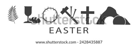 Easter icons set. Palm leaves, cross and cave. On a white background