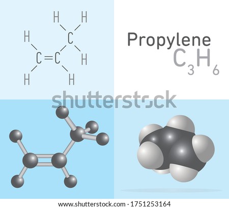 Propylene, Propene (C3H6) gas molecule. Two 
different molecule model and chemical formula. Ball, stick and Space filling model. Structural Chemical Formula and Molecule Model. Chemistry Education