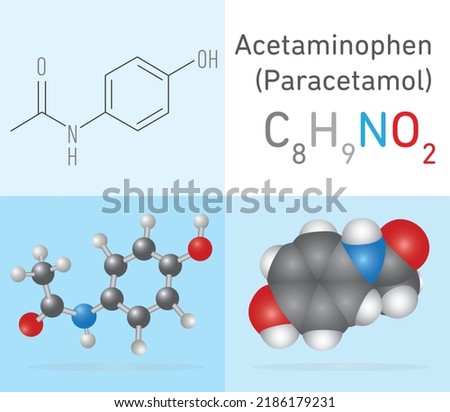 Paracetamol (Acetaminophen) C8H9NO2 molecule. Two different molecule model and chemical formula. Ball, stick and Space filling model. Structural Chemical Formula and Molecule Model. Chemistry Educatio