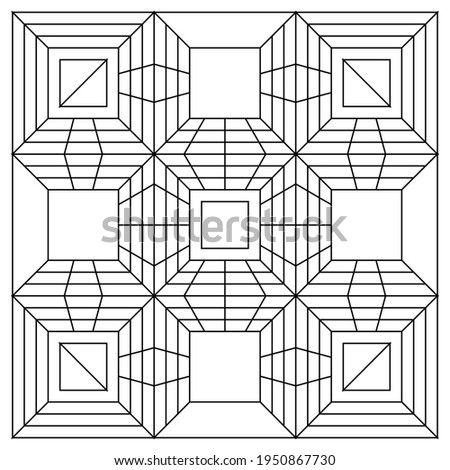Coloring Page of 3-dimensional pattern of 9 squares in line art style, Vector art in Eps 8.
