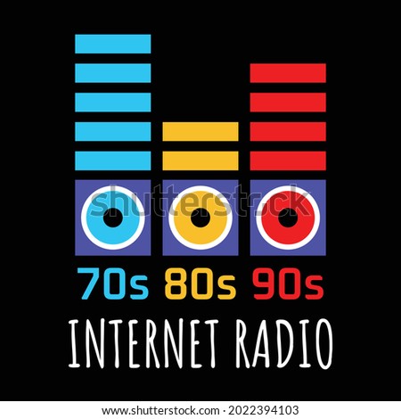 Radio show logo. Colorful flat logo of an equalizer with bar indicators coming out up from loudspeakers, with ‘70s 80s 90s’ main text below and ‘Internet Radio’ as tagline lower. EPS8 file.