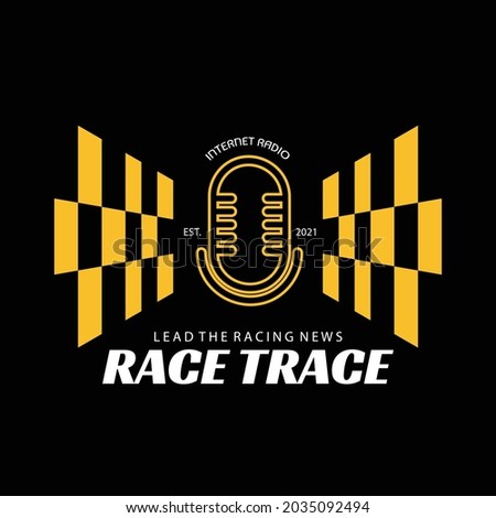 Radio show logo. Flat logo of a microphone radio with checkered start or finish flags on the right and left side, with ‘Race Trace’ main text below and ’Lead The Racing News’ as tagline. EPS8 file.