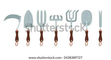 Agriculture tools elements set. Items for gardening and farming. Weeder, rake, spades, fork, hoe, scythe, cutter. Isolated objects on white background. Design elements vector flat illustration.