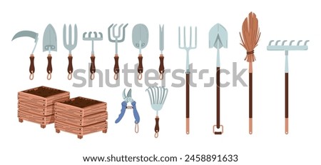 Collection of garden and Agriculture tools. Rake, shovel, pitchfork, broom. Farm instruments set. spades, fork, hoe, scythe, Weeder, spades, fork. Growing vegetables, compost. Vector illustration.