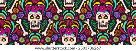 Day of dead sugar skull seamless pattern. Dia de los muertos festive background. Mexican tradition festival. Vector illustration for fabric, wrapping paper, textile and wallpaper. Floral ornament.