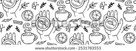 Autumn pattern tea in hands. Cozy tea ceremony outline background. Hot drink, Lemon, leaves, cinnamon. For wallpaper or fabric, packaging, brand, teahouse, coffee shop. Vector doodle illustration.