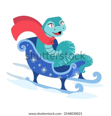 Snake rides winter sleigh. Cute character is symbol of Chinese New Year. Christmas vector illustration. Lunar New Year, traditions, celebration. Suitable for greeting card, calendar, packaging.