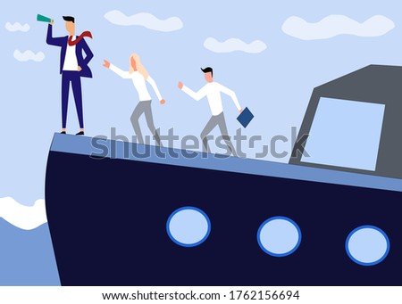 Leader leads employees in the right direction on ship, vector chart