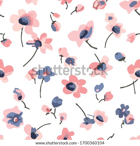 Ditsies vector seamless pattern.  Small thin naive coral and blue wildflowers on white background.