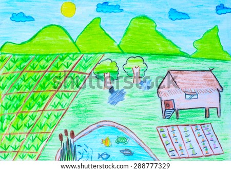 Colorful drawing with a nature,farm and about agriculture,This drawing is of a child age 5 years