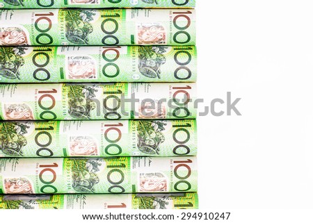 Green color of one hundred Australian dollars on white background