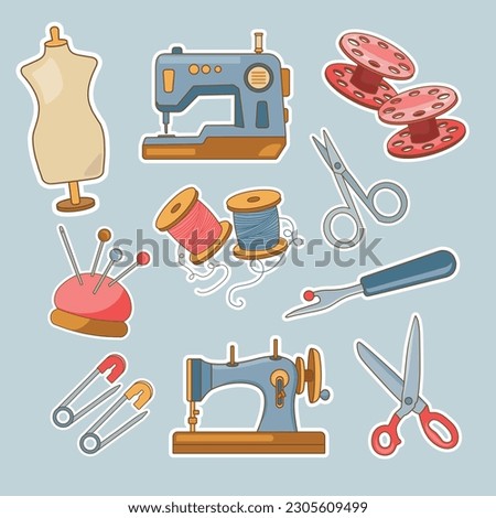 Set of Tailor and Sewing Tools Cute Sticker Illustration