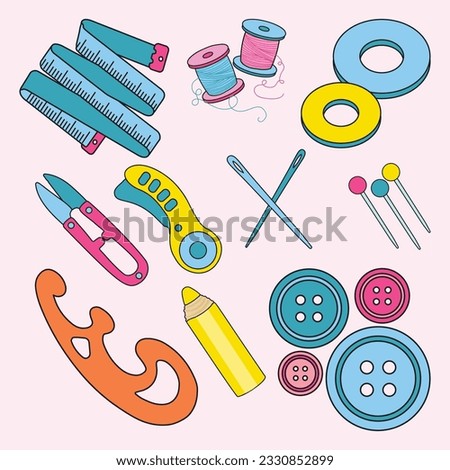 Set of Tailor and Sewing Tools Simple Flat Line Illustration