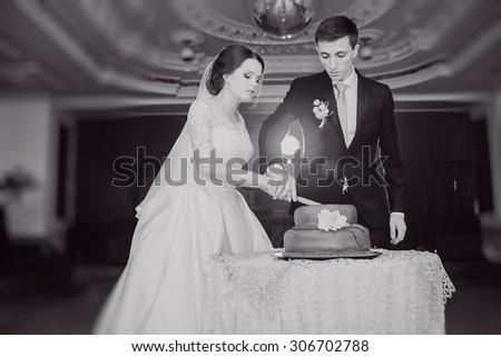 Wedding couple cut the cake in restaurant