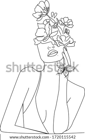 Line Drawing. Abstract face with flowers and butterfly by one line drawing. Modern continuous line art. Women line art.  Beauty salon logo. Coloring book. Botanical print. Nature symbol of cosmetics. 