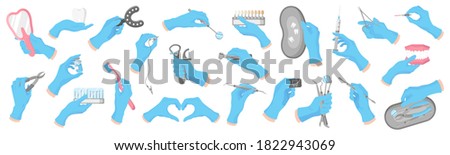 Vector cartoon set of hands of a dentist in blue gloves that hold dental therapeutic, surgical and care tools on a white background. Dental concept.