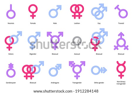 Set of gender symbols of man, woman, gay, lesbian, bisexual, transgender etc. Vector flat design isolated on white background.