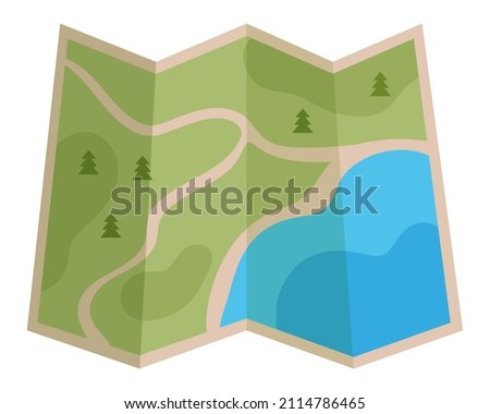 Folded paper desktop local map for the traveler, driver or military. Touristic equipment for camping and tourism. Military concept for army, soldiers and war. Vector cartoon isolated illustration.