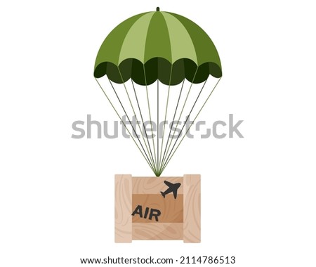 Airborne delivery wooden box package parcel air drop with parachute. Online military game concept. Airmail shipping delivery. Vector cartoon isolated illustration.