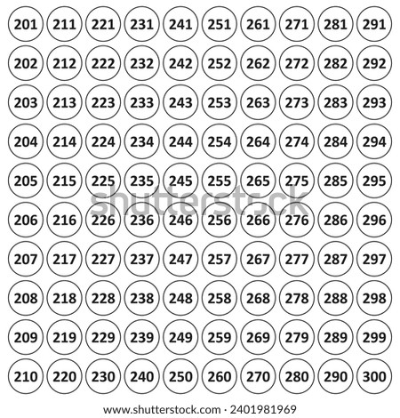  Numbered Stickers 200 - 300 Rounded Shape Vector, Resizable