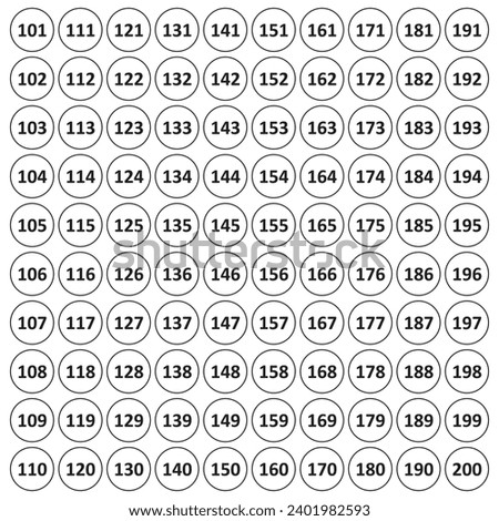  Numbered Stickers 101-200 Rounded Shape Vector, Resizable