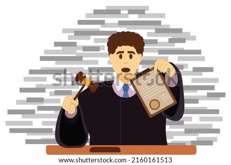 Judge Against the Background of a Brick wall Holds Material Evidence in the form of a Document with a Signature. Judgement and Punishment Concept. Judge Delivering Sentence. Vector Illustration.