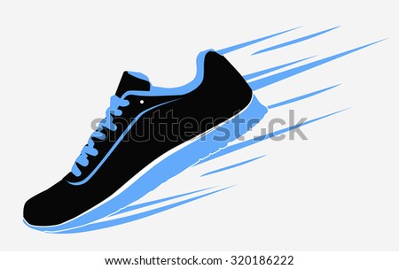 Speeding running shoe, sneaker or sports shoe with speed and motion trails, vector silhouette