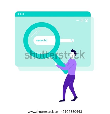 Man holding magnifying glass at search bar in browser window. Trendy flat illustration.