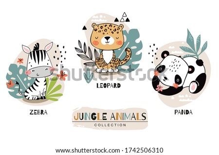 Jungle baby animals collection. Zebra with leopard and panda cartoon characters. Hand drawn icon set . Surface design illustration.