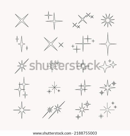 Set of vector flares, stars, twinkles and sparkles in outline. Modern trendy design decorative elements collection