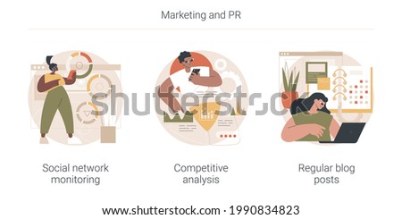 Marketing and PR abstract concept vector illustration set. Social network monitoring, competitive analysis, regular blog posts, brand reputation, startup business consultant abstract metaphor. Photo stock © 