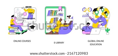 E-learning tools abstract concept vector illustration set. Online courses, E-library, global online education, certificate diploma, content store access, individual learning plan abstract metaphor. Сток-фото © 