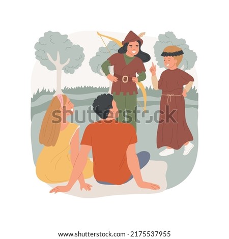 Perform skits isolated cartoon vector illustration. Camping skits, leisure time outdoors, family on summer holiday, kids perform for parents, funny performance, stand-up comedy vector cartoon. Stock fotó © 