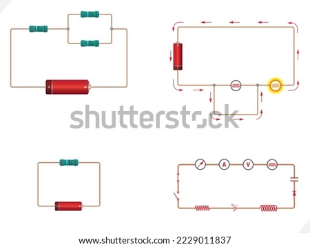 Electric circuits, battery, generator, switch. Science experiment of electric circuit illustration. Simple Open and Closed Electric Circuit vector illustration.
