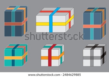 Rectangular prism. Square prism. Colorful ribbons around the prism-shaped box. Ribbon length, volume of the cube box. Mathematics, geometry, physics question.