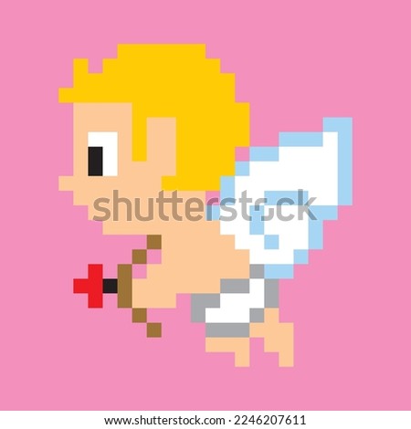 cute tiny flying cupid icon with wings, arc and arrow in pink background pixel art 8 bits stylet, ideal for valentines day advertising, love posters, social media dynamics, valentines festivities