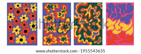 vintage vector interior posters in hippie style.70s and 60s funky and groove postcards.Psychedelic patterns with flowers, waves, heart shapes.Abstract shapes for wallpaper and background.