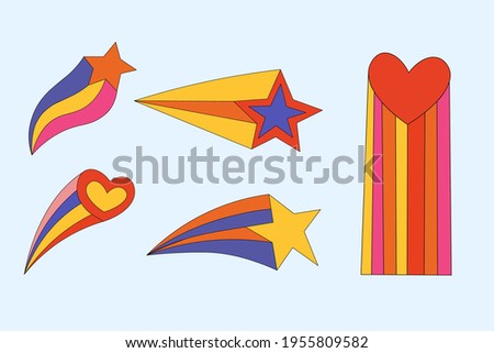 set of stars and hearts from comics.Hippie collection of star shapes.Shooting star.Funky and groovy vintage elements.Astrological star. Hand drawn isolated multicolored.psychedelic and modern magic