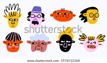 a set of quirky portraits of people of different genders and nations.Persons of different ethnic groups and genders.Lgbt and transgender persons.Childish style by pencil hand drawn.Abstract avatar