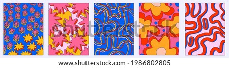 vintage vector interior posters in hippie style.70s and 60s funky and groove postcards.Psychedelic patterns with curves, stars, flowers, shapes.Abstract shapes for wallpaper and back.Low contrast