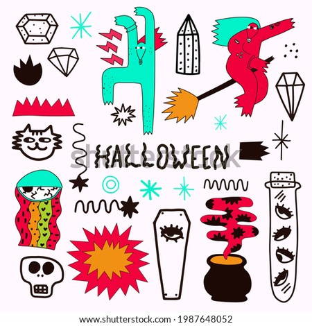 vector bizarre halloween sticker collection.Quirky hand drawn style.Modern magic and feminist witches.magical witch, eye, fire, potion, crystals.Spiritual groove funky patches.punk tattoo templates